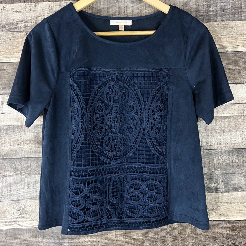 Skies Are Blue Navy Faux Suede Lace Top